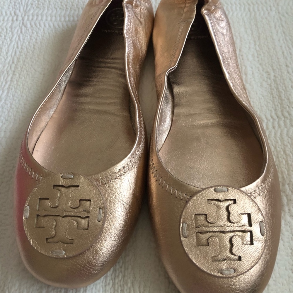 Tory Burch Minnie Travel Ballet Flat with Leather Logo in Rose Gold Size 9.5.
